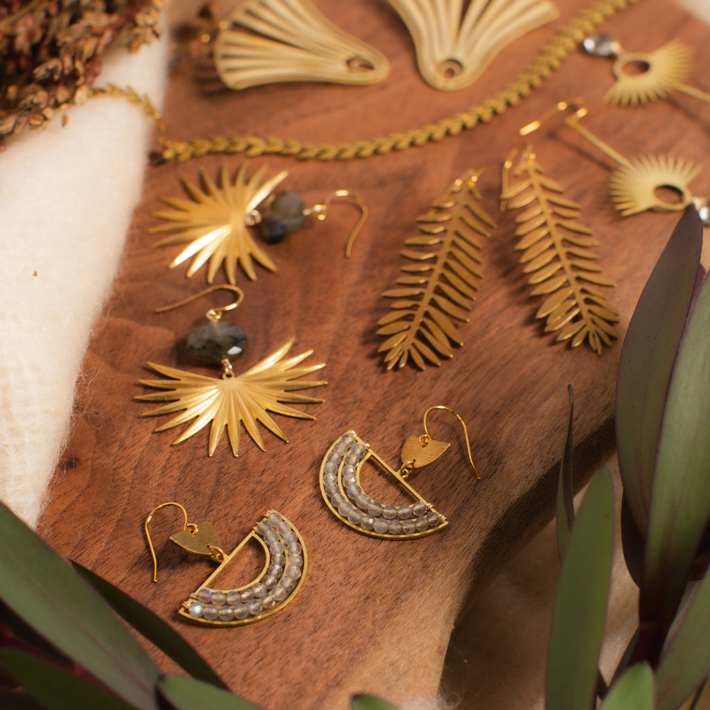 gemstone earrings, brass filagree, modern fun earrings