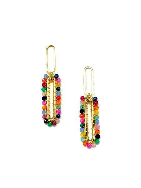 Wire wrapped rainbow quartz earring on gold post. 